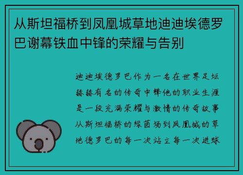 从斯坦福桥到凤凰城草地迪迪埃德罗巴谢幕铁血中锋的荣耀与告别 从斯坦福桥到凤凰城草地迪迪埃德罗巴谢幕铁血中锋的荣耀与告别