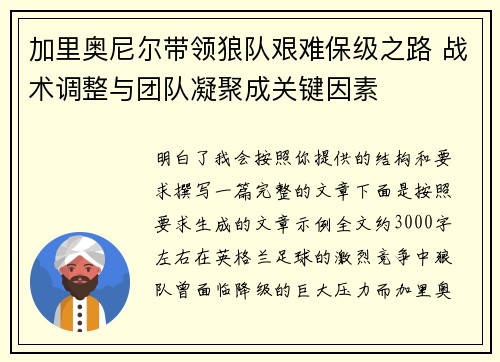 加里奥尼尔带领狼队艰难保级之路 战术调整与团队凝聚成关键因素